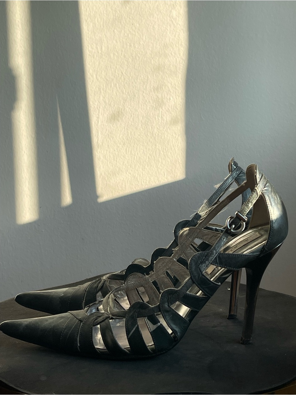 Vintage Y2K Silver Strappy Pointed - Toe Slingback Heels